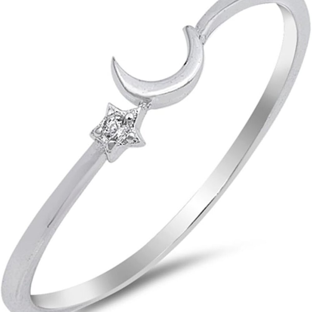 Cute Thin Crescent Moon Star Space Sterling Silver Ring Sizes 1-13